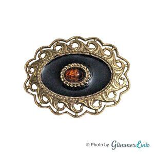 VTG 1928 Co Black Enamel Root Beer Cabochon Filigree Oval Gold Tone Brooch